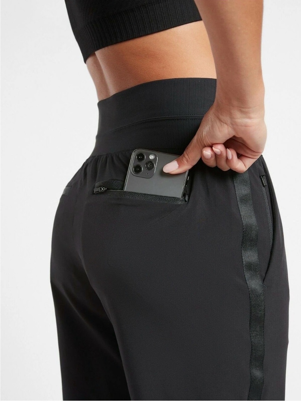 Athleta Black Tuxedo Stripe Nolita Slim Tapered Crop Pull On Pant, Size 14 - Picture 3 of 16